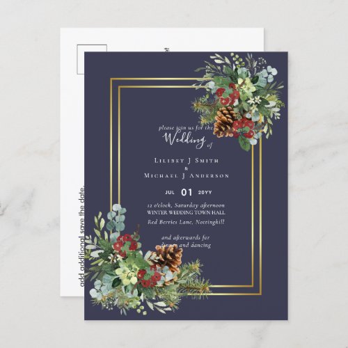 Winter Red Berries Pine Cones Wedding Postcard