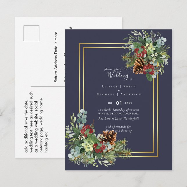 Winter Red Berries Pine Cones Wedding Postcard (Front/Back)