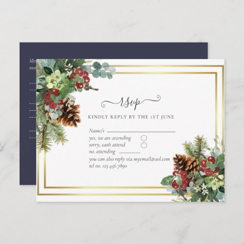 Winter Red Berries Pine Cones Wedding Postcard