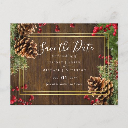 Winter Red Berries Pine Cones Wedding Postcard