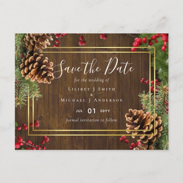 Winter Red Berries Pine Cones Wedding Postcard (Front)