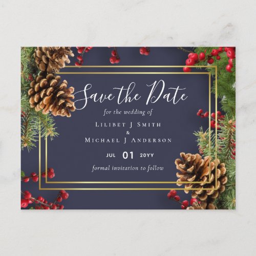 Winter Red Berries Pine Cones Wedding Postcard