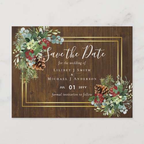 Winter Red Berries Pine Cones Wedding Postcard