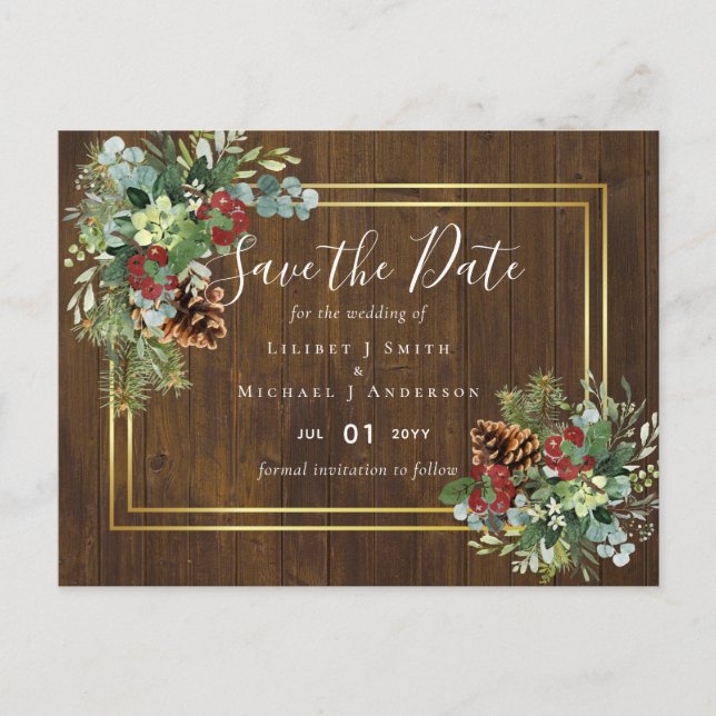 Winter Red Berries Pine Cones Wedding Postcard (Front)