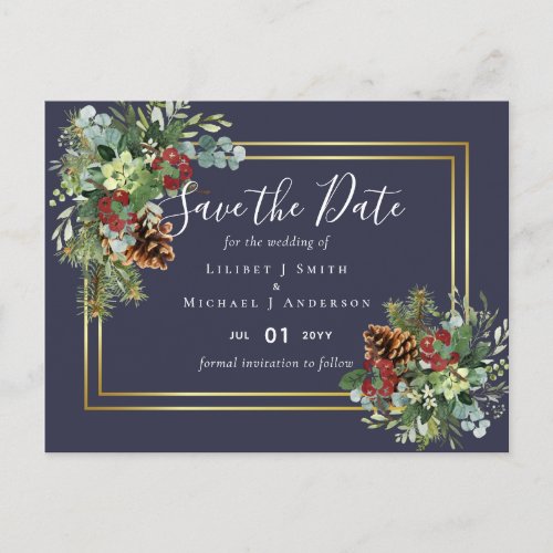 Winter Red Berries Pine Cones Wedding Postcard