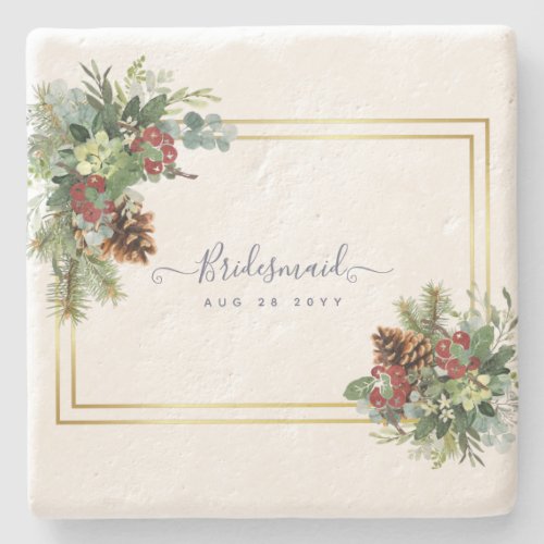 Winter Red Berries Pine Cones Wedding Stone Coaster