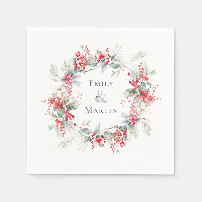 Winter Red Berries Poinsettias Wreath Wedding Napkins (Front)