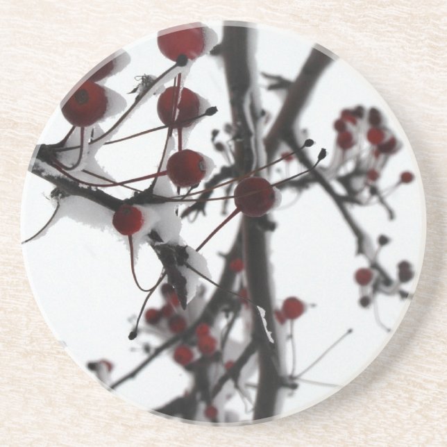 Winter Red Berries Sandstone Coaster (Front)