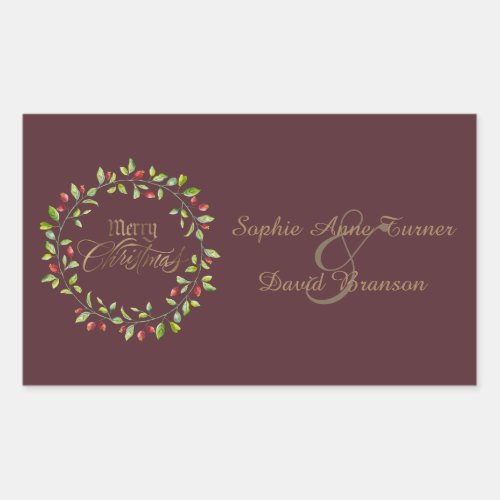 Winter Red Berries Wreath Gold Merry Christmas Rectangular Sticker