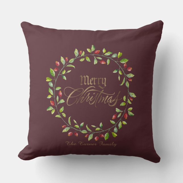 Winter Red Berries Wreath Gold Merry Christmas Throw Pillow (Front)