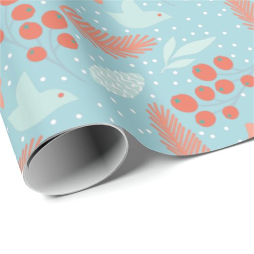 Winter Red Berry Blue Bird Floral Christmas Wrapping Paper