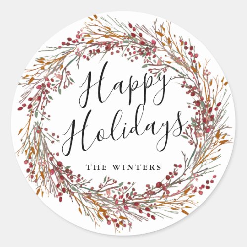 Winter Red Berry Wreath Happy Holidays Classic Round Sticker