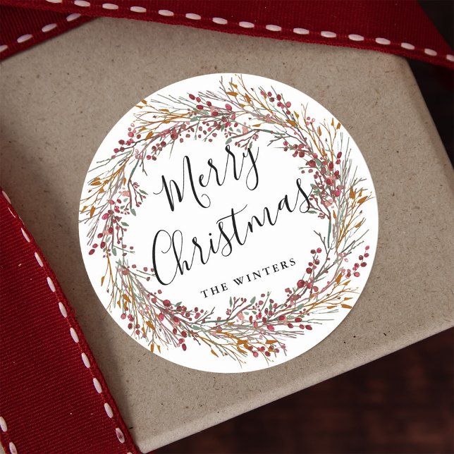 Winter Red Berry Wreath Merry Christmas  Classic Round Sticker (Creator Uploaded)