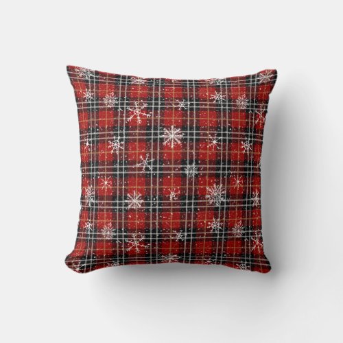 Winter Red Black Plaid Tartan Snowflake Pattern Throw Pillow