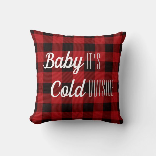 Winter red buffalo plaid baby it's cold outside throw pillow (Front)