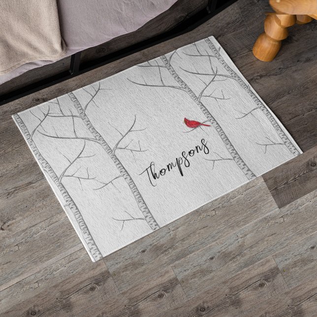Winter Red Cardinal Birch Tree Christmas Area Rug  (Winter Red Cardinal Area Rug)