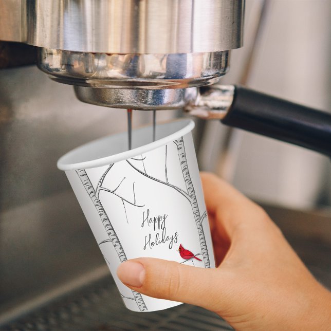 Winter Red Cardinal Birch Tree Christmas Paper Cup (Happy Holidays simple red cardinal bird paper cup)