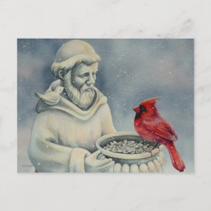 Winter Red Cardinal Bird St Francis Watercolor Art Postcard