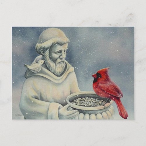 Winter Red Cardinal Bird St Francis Watercolor Art Postcard