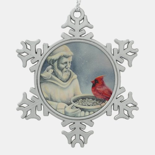 Winter Red Cardinal Bird St Francis Watercolor Art Snowflake Pewter Christmas Ornament