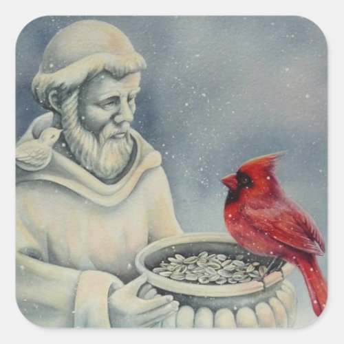 Winter Red Cardinal Bird St Francis Watercolor Art Square Sticker