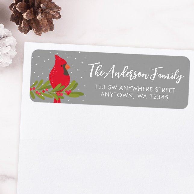 Winter Red Cardinal Gray Christmas Return Address Label (Creator Uploaded)