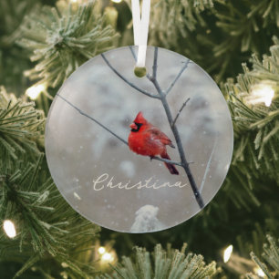 Winter Red Cardinal in Snow Glass Ornament