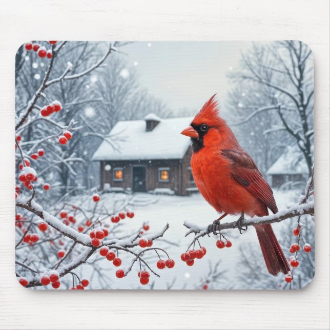 Winter Red Cardinal On Berry Branch Mouse Pad (Front)