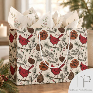 Winter Red Cardinal & Pine Off-White Large Gift Bag