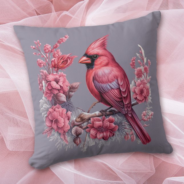 Winter Red Cardinal Pink Flowers on Gray Throw Pillow (Creator Uploaded)