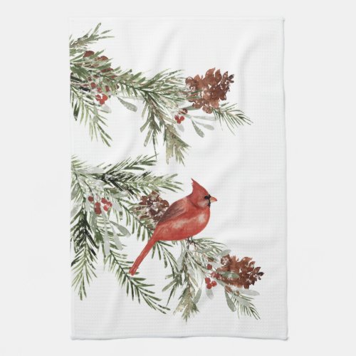 Winter Red Cardinal Spruce Tree Cones  Berries Kitchen Towel