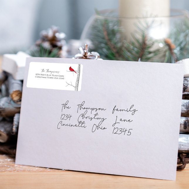 Winter Red Cardinal Watercolor Address Label (Simple winter red cardinal and birch tree return address label. )