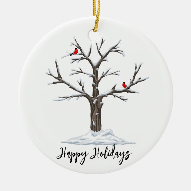 Winter Red Cardinals on Snowy Tree  Ceramic Ornament (Front)