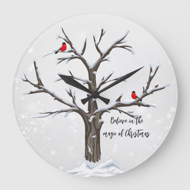 Winter Red Cardinals on Snowy Tree Large Clock (Front)