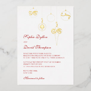Winter Red Christmas Bauble Ornaments Wedding Gold Foil Invitation