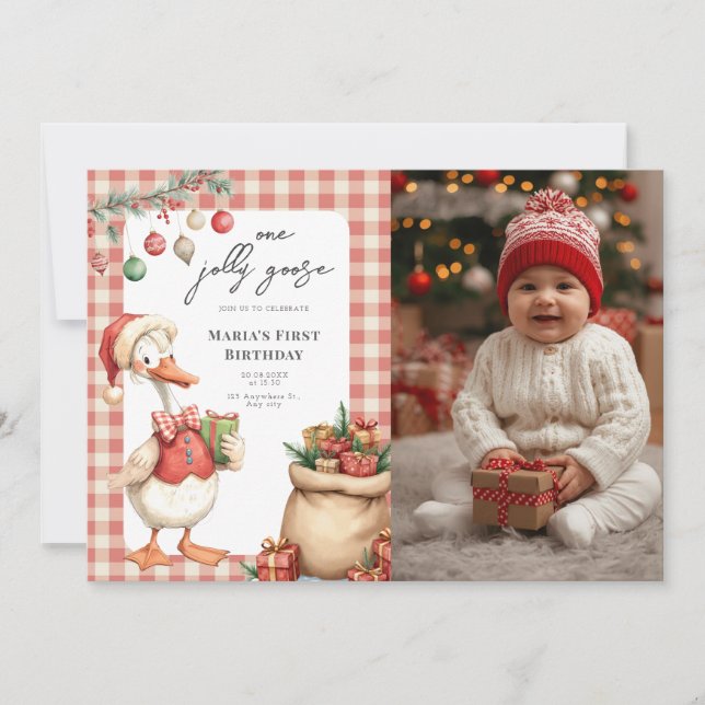 Winter Red Christmas Silly Goose  1st birthday Invitation (Front)