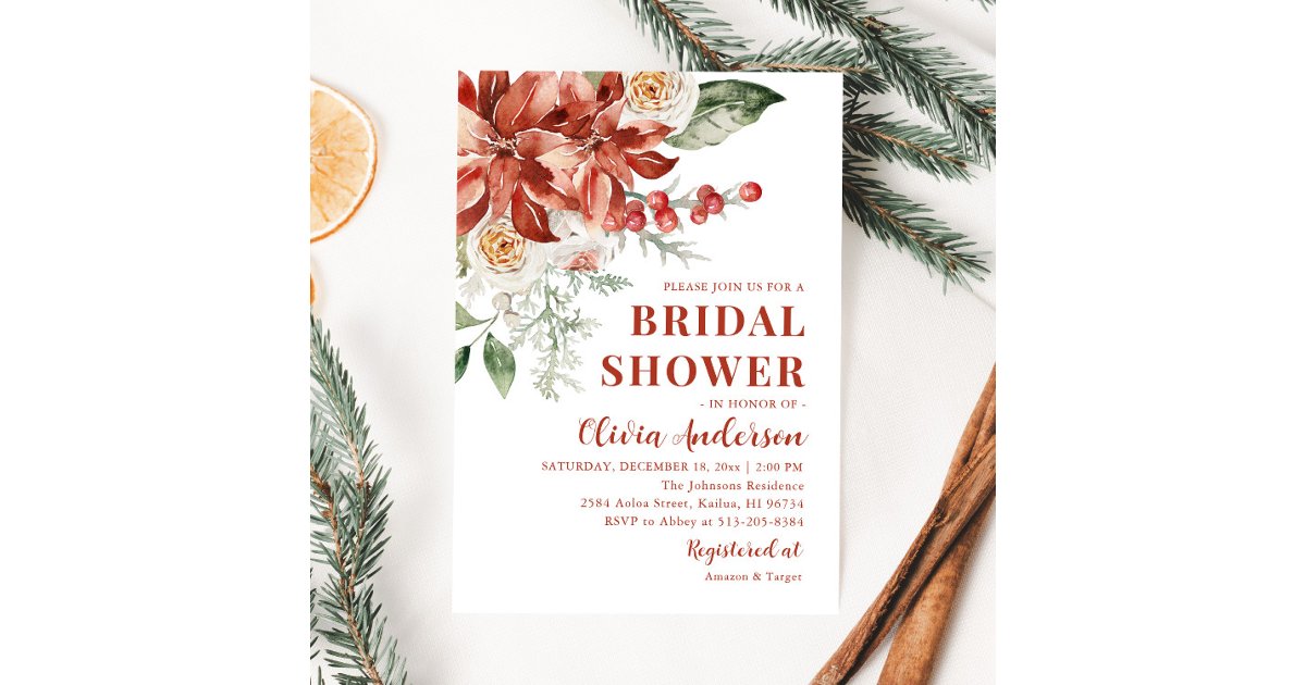 Winter Red Floral Christmas Bridal Shower Invitation | Zazzle