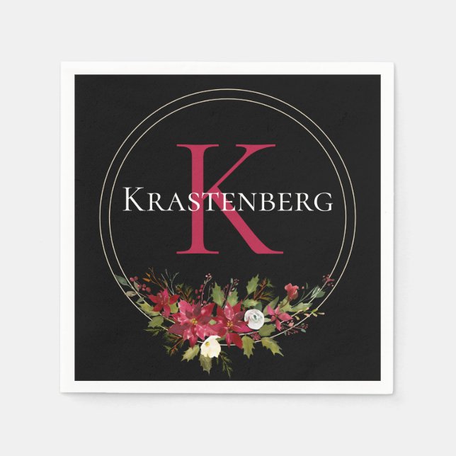 Winter Red Floral Custom Monogram Name Napkins (Front)
