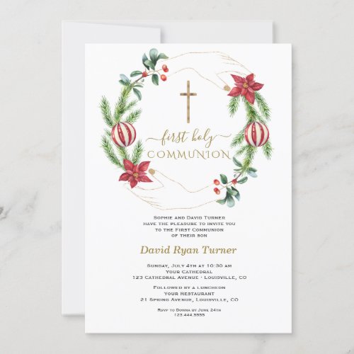 Winter Red Floral Green Gold First Holy Communion Invitation