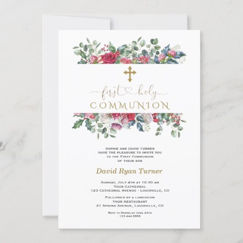 Winter Red Floral Green Gold First Holy Communion Invitation