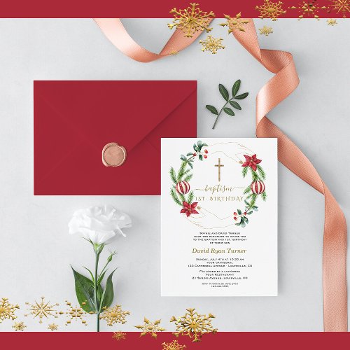 Winter Red Floral Green Gold First Holy Communion Invitation