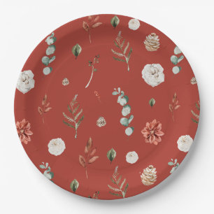 Winter Red Floral Greenery Festive Bridal Shower Paper Plates