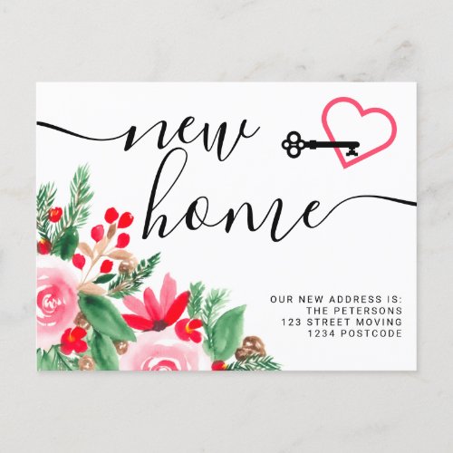 Winter red floral watercolor new home moving announcement postcard
