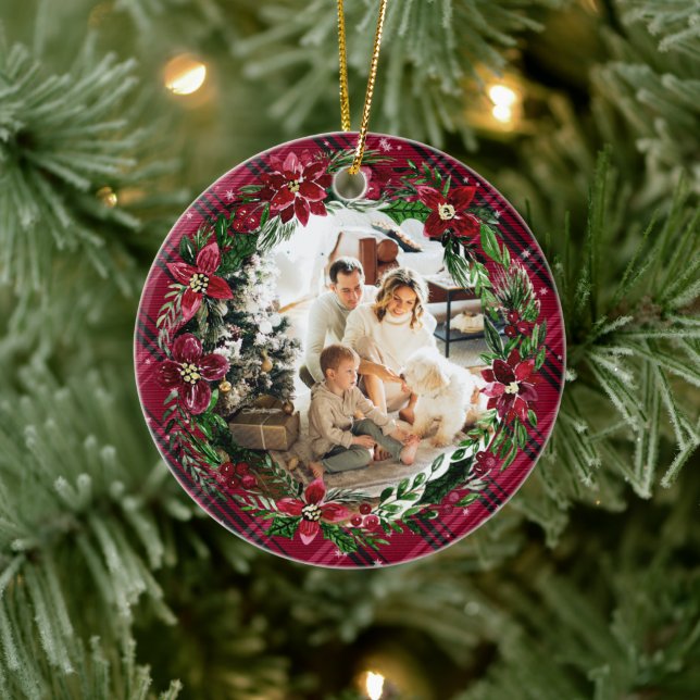 Winter Red Floral Wreath Flannel Family Photo Ceramic Ornament (Tree)