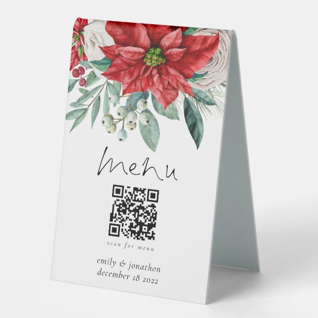 Winter Red Florals Poinsettia Menu Qr Code Wedding Table Tent (Front)
