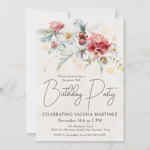 Winter Red Flowers 18th Birthday Surprise Party Invitation