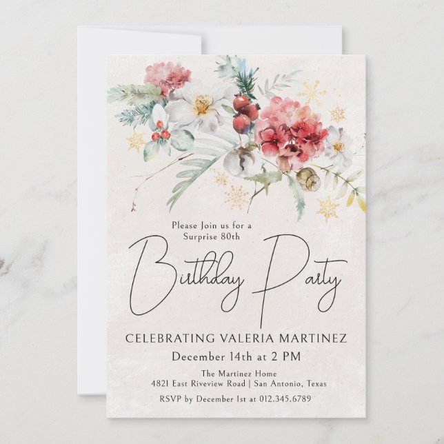 Winter Red Flowers 80th Birthday Surprise Party Invitation (Front)