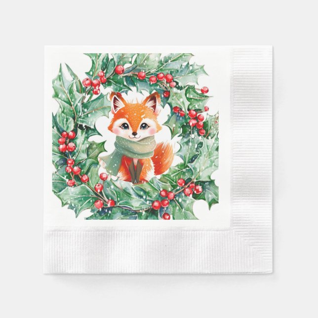 Winter Red Fox Green and Berries Baby Shower Napkins (Front)