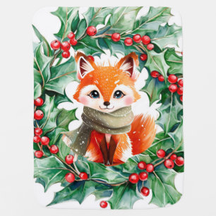 Winter Red Fox Green Berries Baby Shower Gift Baby Blanket