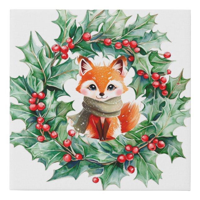 Winter Red Fox Green Berries Baby Shower Gift Faux Canvas Print (Front)